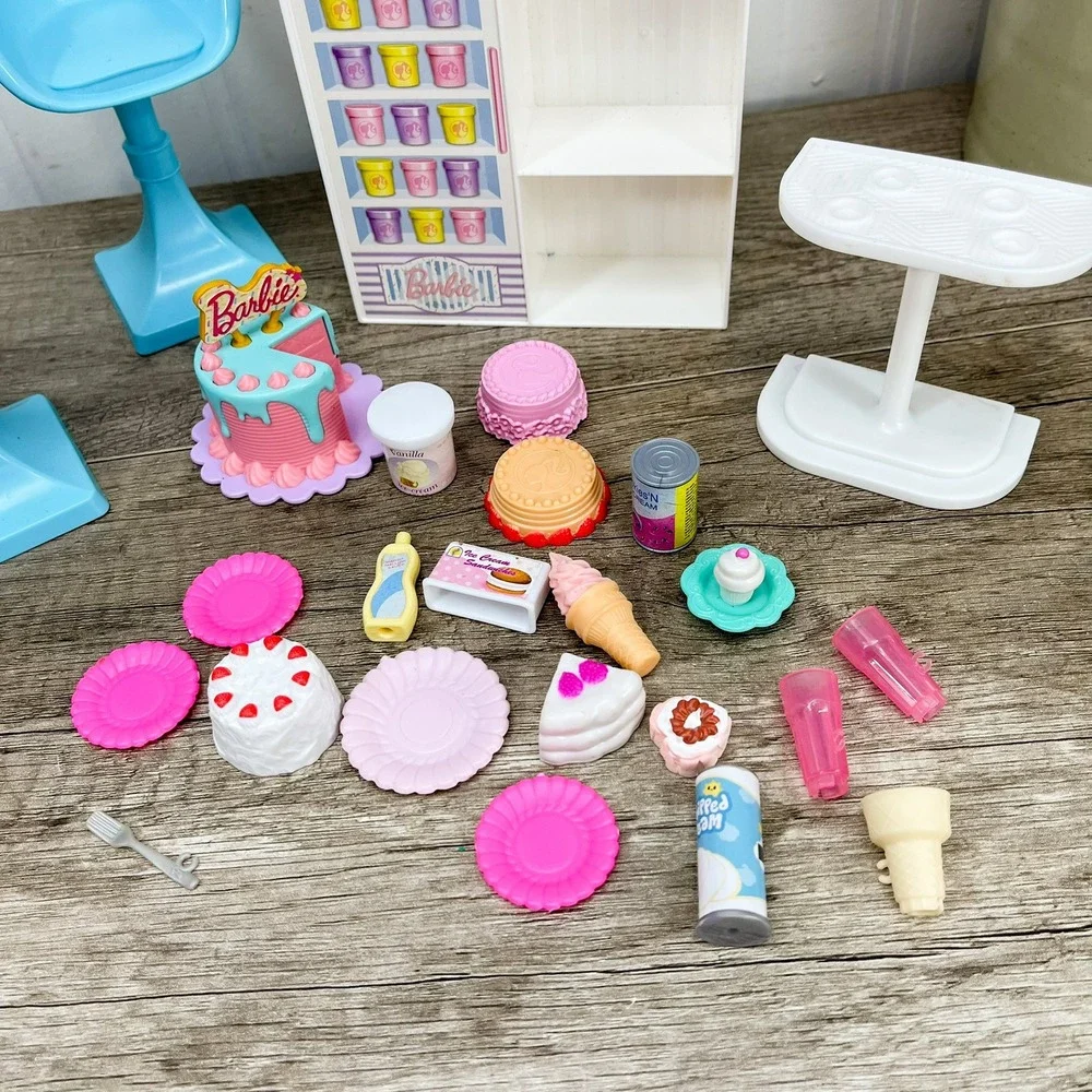 Barbie Sweet Shop Playset Ice Cream Counter Chairs Cake Accessories Lot